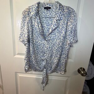 Eclair Women Button Down Shirt Blue Leopard Print Tie Front Short Sleeve XL
